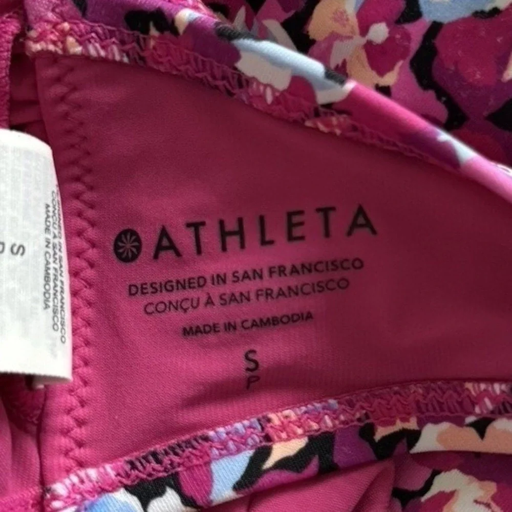 Athleta Floral One Piece Swimsuit Size S Pink Ruched Tummy Control Athletic Swim